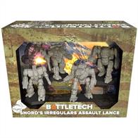 The Snord's Irregulars Assault Lance is one of the Mercenary ForcePacks. It contains four plastic miniatures for use in the classic BattleTech tabletop and Alpha Strike games. The box also provides four dry-erase cards, which are intended to directly support Alpha Strike gameplay, and eight MechWarrior Pilot Cards.