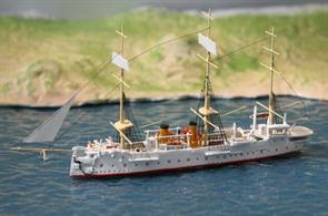 SMS Leipzig was named after the Battle of Leipzig of 1815 and was the lead ship of her class, the later sister-ship was Prinz Adalbert. She was fitted with 12x17cm (6.7in) guns and, because she was intended for overseas deployment, she was fitted with a full set of sails. The model has two funnels, so it best represents the ship after her 1888 refit and modernisation.This model was made by Welt der Schiffsminiaturen, WDS BM K 64 and is only available to special order.