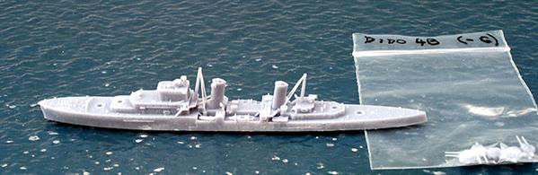 This kit makes a Dido-class cruiser with a 4in gun in Q-position. The kit is designed, 3D-resin printed in 1/1200 scale, external supports removed and packed by John's Model Shipyard, RN312. Rod for topmasts, glue and paints are required to finish the model.