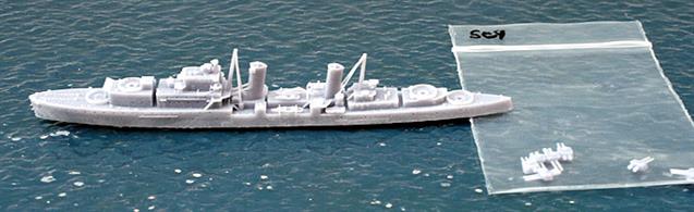 HMS Scylla is a 1/1200 scale kit of the AA cruiser made by John's Model Shipyard, RN313. This 3d-printed kit can be used to make her sister-ship, HMS Charybdis. Rod for topmasts, glue and paint are needed to complete a scale model from this kit.