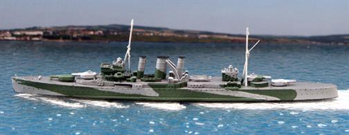 HMS Berwick is a 3D-printed waterline kit of the heavy cruiser in the second half of WW2. The photograph shows a model made from the kit painted in the camouflage pattern that was applied in 1942. Berwick seems to have been re-painted more than any of the County class ships and soa wide variety of colours might be applied to a model of the ship. However, this kit is of the ship after the aircraft equipment was removed in 1942, so care should be taken to match the AA and radar fit, masts and yards to the paint pattern chosen.