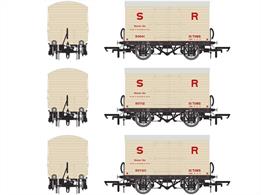 Pack of three Southern Railway diagram D1478 insulated banana vans in pre-1936 white livery with red lettering. Wagon numbers 50641 50712 &amp; 50720.Detailed models of the distinctive Southern Railway design banana vans used for traffic from Southampton docks. Through the 1920s the Southern had hired banana vans from the LNER, so these vans were new in the 1930s by which time the insulation had proven capable of maintaining the constant temperature needed for transporting fruit, eliminating the need for extra ventilators. Following the docking of a refrigerated banana ship several block trains of these banana vans would have been dispatched from Southampton to the major fruit markets across Britain. These banana trains were equipped with vacuum train brakes throughout, so ran at express goods speeds, up to 60mph.
