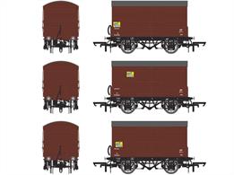 Pack of three Southern Railway diagram D1478 insulated banana vans in British Railways bauxite livery. Wagon numbers S50704, S50629 &amp; S50651.Detailed models of the distinctive Southern Railway design banana vans used for traffic from Southampton docks. Through the 1920s the Southern had hired banana vans from the LNER, so these vans were new in the 1930s, by which time the insulation alone had proven capable of maintaining the constant temperature needed for transporting fruit, so did not have the extra ventilators and steam heating of older designs. Following the docking of a refrigerated banana ship several block trains of these banana vans would have been dispatched from Southampton to the major fruit markets across Britain. These banana trains were equipped with vacuum train brakes throughout, so ran at express goods speeds, up to 60mph.