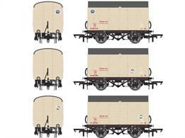 Pack of three Southern Railway diagram D1479 insulated banana vans in pre-1936 white livery with red lettering. Wagon numbers 50775 50788 &amp; 50791.Detailed models of the second design of insulated banana vans built by the Southern Railway for banana traffic from Southampton docks. This design was based on the Southerns' standard box van with the distinctive Lynes triple-arc roof, but equipped with added insulation and tightly sealing plug doors needed to maintain the correct temperature for transporting fruit to market. Following the docking of a refrigerated banana ship several block trains of these banana vans would have been dispatched from Southampton to the major fruit markets across Britain. These banana trains were equipped with vacuum train brakes throughout, so ran at express goods speeds, up to 60mph.