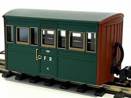 Detailed model of Festiniog Railway 'Bug Box' enclosed third class coach number 4 as running during the Colonel Stephens management era finished in plain green livery.These small 4-wheel coaches are typical of early Victorian era design with the wheels hidden behind the internal seating to maintain a low centre of gravity.
