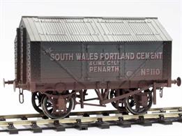 Detailed model of a covered lime van based on the RCH 1887 specifications as operated by the South Wales Portland Cement &amp; Lime company of Penarth, wagon number 110.Model with weathered finish.