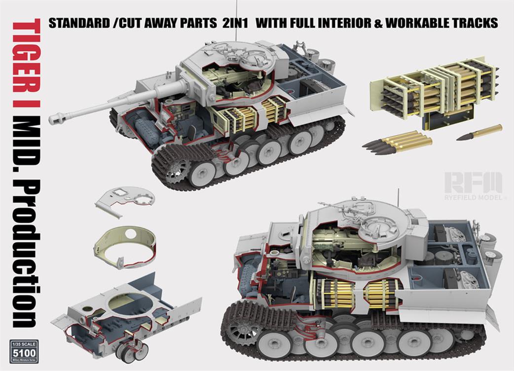 Rye Field Model 1/35 5100 German Tiger 1 Mid Production with Full Interior Tank Kit