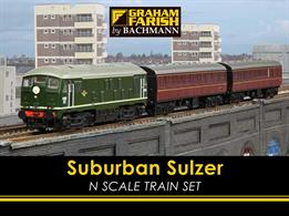 Featuring a British Railways Derby built Sulzer-engined type 2 diesel locomotive and two suburban passenger coaches this train recreates the suburban services of the 1960s as the new type 2 diesel locomotives replaced steam traction around London. Trains of these non-corridor suburban coaches were used for commuter services and many mainline stopping passenger services. An excellent starter set for those interested in the steam to diesel transition era and for introducing children to N gauge model railways with a diesel type which can still be seen on heritage railways.The train set includes an oval of track measuring 714 x 540mm (28.1 x 21.26in) using track compatible with other brands of British N gauge track along with a mains-powered train speed controller using a plug-top type voltage adapter.