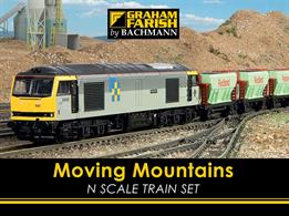 The N gauge Moving Mountains train set features one of the powerful BR class 60 diesel locomotives with a train of 6 Redland Aggregates hopper wagons. These trains are used to move limestone from quarries to Britains major cities for use by the construction industry.The train set includes an oval of track measuring 714 x 540mm (28.1 x 21.26in) using track compatible with other brands of British N gauge track along with a mains-powered train speed controller using a plug-top type voltage adapter.