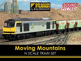 The N gauge Moving Mountains train set features one of the powerful BR class 60 diesel locomotives with a train of 6 Redland Aggregates hopper wagons. These trains are used to move limestone from quarries to Britains major cities for use by the construction industry.The train set includes an oval of track measuring 714 x 540mm (28.1 x 21.26in) using track compatible with other brands of British N gauge track.This set features a locomotive equipped with a DCC sound system and is supplied with a mains-powered Bachmann DCC train controller using a plug-top type voltage adapter.