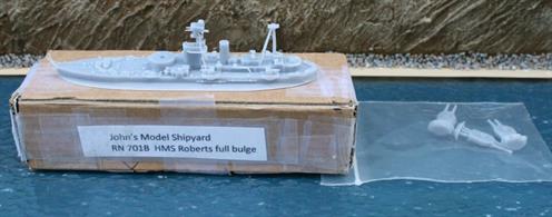 HMS Roberts is a waterline, 1/1200 scale, 3D-printed kit of the Roal Navy Monitor by John's Model Shipyard RN701b.This HMS Roberts model of the WW2 monitor shows the ship lightly loaded with the anti-torpedo bulges fully exposed.