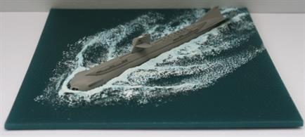 This 1/1200 scale diorama shows the TV version of the submarine Seaview at full-speed on the surface. The model includes a waterline version of the TV series vessel and a full relief sea base cast in a clear blue resin and painted wave tops, see photograph..