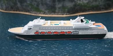 Vasco da Gama is the most recent name for this ship and this new 1/1250 scale, metal, waterline model is made by CM Miniaturen, CM-KR581. The model is sharply cast and well painted (including the decks which is unusual for CM models) in her 2023 livery of Ricko Cruises, see photograph.
