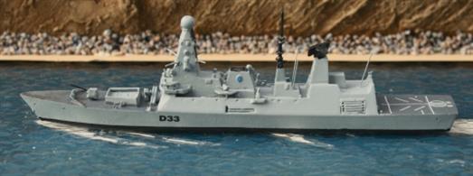 HMS Dauntless model by Albatros has been updated to represent the ship as modernised in 2023. The waterline, 1/1250 scale metal model is fully assembled and painted, Alk306A-1