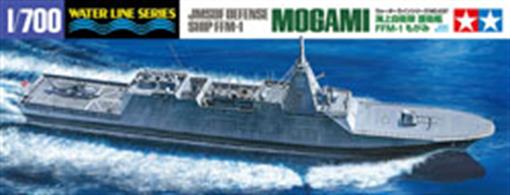 This model assembly construction kit recreates the JMSDF Defense Ship FFM-1 Mogami. The Mogami was commissioned on April 28, 2022, ushering in a new era of Japan Maritime Self-Defense Force (JMSDF) defense ships as the first of its eponymous Mogami class which was given a new FFM classification, signifying its ships’ status as frigates (FF) with a multi-purpose brief including mine(M)-related duties, and featured advanced stealth characteristics. The equipment under the rear flight deck can be taken from the stern hatch and utilized for minesweeping and marine patrol, while a slanted flight deck secures the space to store the equipment. As of March 2023, six ships of this class have been launched, and twelve ships in total are planned.
