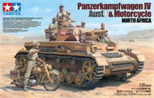 1/35 scale plastic model assembly kit. • Includes five figures from Item 35378 German Tank Panzerkampfwagen IV Ausf.G (Early Production), two (motorcycle rider and tank driver) figures and motorcycle from Item 35286 1/35 German Armored Car Sd.Kfz.222 "North African Campaign". (All seven figures feature Africa Corps uniforms.) • New decals recreate two North African theater vehicles. • Comes with a new instruction manual and painting guide.