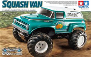 Tamiya is delighted to announce a new off-road car featuring big tires; the name is the Squash Van, and it is paired with a new gear-driven 4WD GF-02 chassis. While the GF-01 chassis features a comical design, the GF[1]02 chassis employs a more realistic wheelbase and a frame with ladder / pipe motifs. This R/C assembly kit is inspired by 1950s American panel vans, and offers an excellent drive even on grass or uneven surfaces.