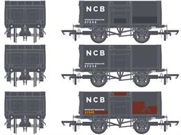 Acurrascale have announced a new model of the BR 16 ton steel bodied mineral wagons with extensive tooling options created to allow for many of the variations in construction and fittings on these wagons. Models of wagons with original welded or riveted construction bodies and rebodied wagons can be can be produced with 3 different end doors, 3 different buffer types, 2 different axlebox designs, 2 different hand brake levers and with standard 2-shoe Morton or 4-shoe independent brakes. Vacuum fitted variations can also be produced in future production batches.This pack of 3 wagons is finished in NCB slate grey livery allocated to the opencast coal site at Onllywn Colliery.