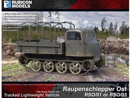 On the Eastern Front, the roadways were extremely primitive and with seasonal mud the Germans required a fully tracked supply vehicle to maintain mobility, hence the introduction of the Raupenschlepper Ost (RSO) - a fully tracked, lightweight vehicle by Steyr.  The kit offers the RSO/01 or RSO/03 build choice, and comes with an optional canvas rack, tarpaulin top, snow/bog track extension pad, and driver.