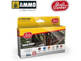 Pack of 6 paint colours designed to match the common paint colours and rust shades found on steel truss bridges.Pack contains Ammo Rail Centre paints AMMO.R-0009 Tuscan Red AMMO.R-0021 Medium Blue AMMO.R-0024 Rust AMMO.R-0027 Ochre Sand AMMO.R-0032 Medium Ash Grey AMMO.R-0033 Dark Rust