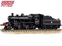We are delighted to present this Graham Farish LMS Ivatt 2MT following the recent SOUND FITTED upgrades to this model. With every model now featuring a Next18 DCC decoder interface and pre-fitted speaker, this example depicts No. 46477 in BR Lined Black livery with Early Emblem.This Award Winning model certainly packs a punch when it comes to the detail, with separate metal handrails found throughout the locomotive and tender, lubricators and sand boxes along the running plate and separate pipework running from below the cab to the top feed on the boiler. The turned brass safety valves and whistle contrast beautifully with the firebox on which they are mounted, whilst inside the cab, the moulded back head detail has been decorated to pick out the individual gauges and controls. A hinged tender fall-plate provides the finishing touch to the highly impressive cab of this model.