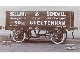 Model of Bellamy &amp; Bendall of Cheltenham 5 plank open wagon number 50.This 8-ton capacity 5 plank wagon was recorded by the Gloucester RCW photographer in October 1900, photo number 2232 on being taken on hire by Bellamy &amp; Bendall of the Montpellier Coal Exchange, Cheltenham. The wagon is described as painted purple-brown with white lettering shaded black and on hire at the time of delivery carries Gloucester owners plate number (appears to be) 35777, with a GWR railway registration plate.Photo held at Gloucestershire County Records Office in the Gloucester RCW albums.