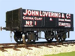 Five plank wagons with end doors were unusual, however some owners made use of the end dump capability. China clay was one load which was regularly sent by sea to European ports and 5 plank end door wagons were used for this traffic until the 1990s, provided rapid unloading from the rail wagons into the ships' hold.Wagon lettered for Joh  Lovering &amp; company operating a china clay and stone works at St Austell, Cornwall.Supplied complete with wheels, 3 link couplings and sprung buffers.