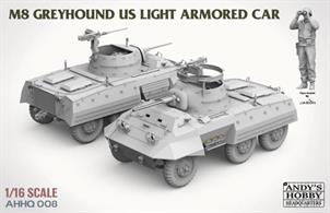 1:16 SCALE M8 GREYHOUND US LIGHT ARMORED CAR INCLUDES • Metal barrel • Detailed drivers’ compartment • Detailed turret interior • Highly detailed .50cal Machine gun included. • Full body figure • Movable steering • Build as either Early or Late version. • Optional .50 cal. turret ring included.