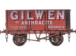 Highly detailed model of a Gloucester RCW built 1887 RCH design 7 plank open coal wagon with side and end doors operated by the Gilwen anthracite colliery and marked for return to Gurnos on the Midland Railway line to SwanseaModel completed with a weathered finish