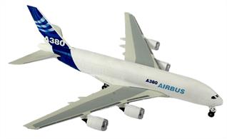 Model set of the Airbus A380-800 in scale 1:288 with 47 parts (level 3) and all accessories needed for assembly! The Airbus A380-800 is a milestone in the history of civil aviation. It is the first continuous biplane aircraft. This easy-to-assemble Airbus A380-800 should not be missing in any aviation enthusiast's collection. Textured surfaces with embedded engravings Structured fuselage and wings Includes accessories, brushes, paints and glue
