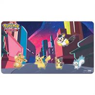 Playmat with premium fabric top to prevent damage to cards during game play. Dimensions are approximately 24" X 13-1/2". Rubber backing lets the playmat lay flat and prevents the mat from shifting during use. Features a Shimmering Skyline scene!