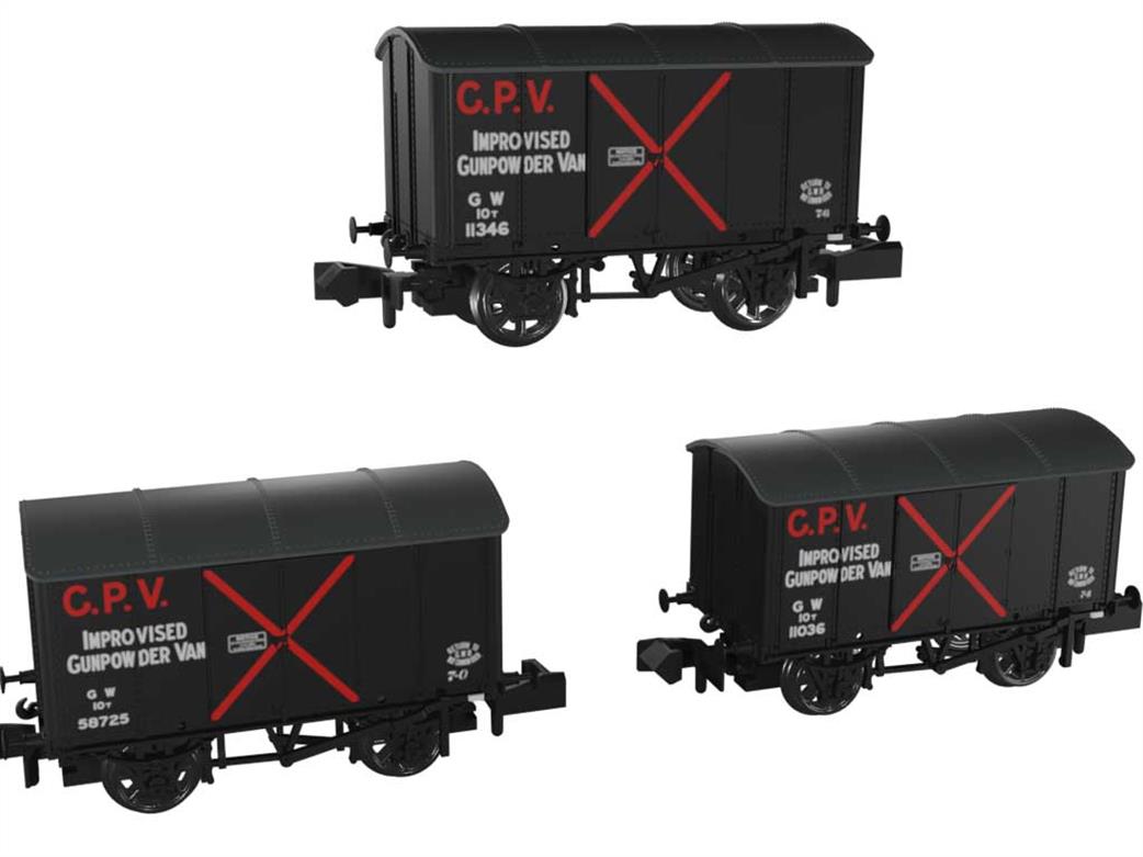 Rapido Trains N 961003 GWR Iron Mink Improvised Gunpowder Vans Black with Red Lettering Pack of 3