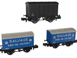 Triple pack of GWR Iron Mink iron bodied ventilated box vans finished in WW2 era liveries, with one in standard goods grey and the two blue-painted 'Salvage for Victory' vans.Wagon numbers 69131, 47528 and 47305.