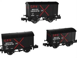Triple pack of GWR Iron Mink iron bodied box vans in Southern Railway service as improvised gunpowder vans. Finished in black livery with red lettering and crosses.SR wagon numbers 59061, 11016 and 58787.