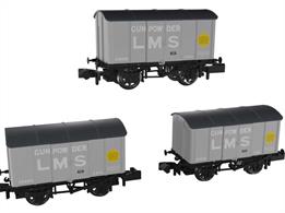 Triple pack of GWR Iron Mink iron bodied gunpowder vans allocated to picric acid traffic finished in LMS light grey livery with picric acid yellow disc marking.Wagon numbers 240251, 246414 and 221203.