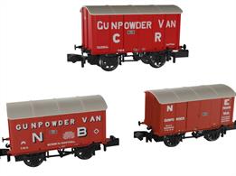 Triple pack of Iron Mink iron bodied gunpowder vans finished in the liveries of the Scottish and North East England companies.Wagon numbers Caledonian Railway 34, North British 65410 and North Eastern 78019.
