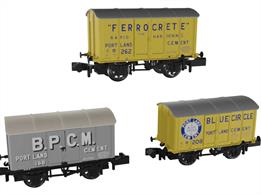 Triple pack of Iron Mink iron bodied vans finished in British Portland Cement liveries, one in grey lettered BPCM and two in the familiar yellow livery, one with Blue Circle logos and one lettered Ferrocrete.