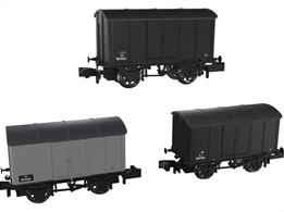 Triple pack of GWR Iron Mink iron bodied ventilated box vans finished in early British Railways era liveries, with 2 vans in GWR dark grey with letters G &amp; R painted out to leave the W number prefix and one van fully repainted BR grey.Wagon numbers W6912 W11920 and W69483.