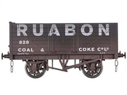 Model of a RCH 1923 design 7 plank open coal wagon with side and end doors finished in the blank livery of the Ruabon Coal &amp; Coke Company wagon number 828 with weathered finish.