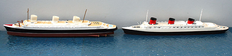 Three resin cast funnels to replace the undersized funnels on the Atlas Editions 1/1250 scale passenger liner Normandie. The replacement funnels are made by Coastlines Models (CL-0008A), see photographs.