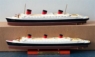 When new the French transatlantic liner Normandie had the name displayed on both sides of the top deck abaft the middle funnel. This kit has two thin polyurethane castings that can be placed in postion to improve the accuracy of the Atlas Editions, 1/1250 scale model, see photograph.The set of two nameplates are made by Coastlines Models, CL-0008B.