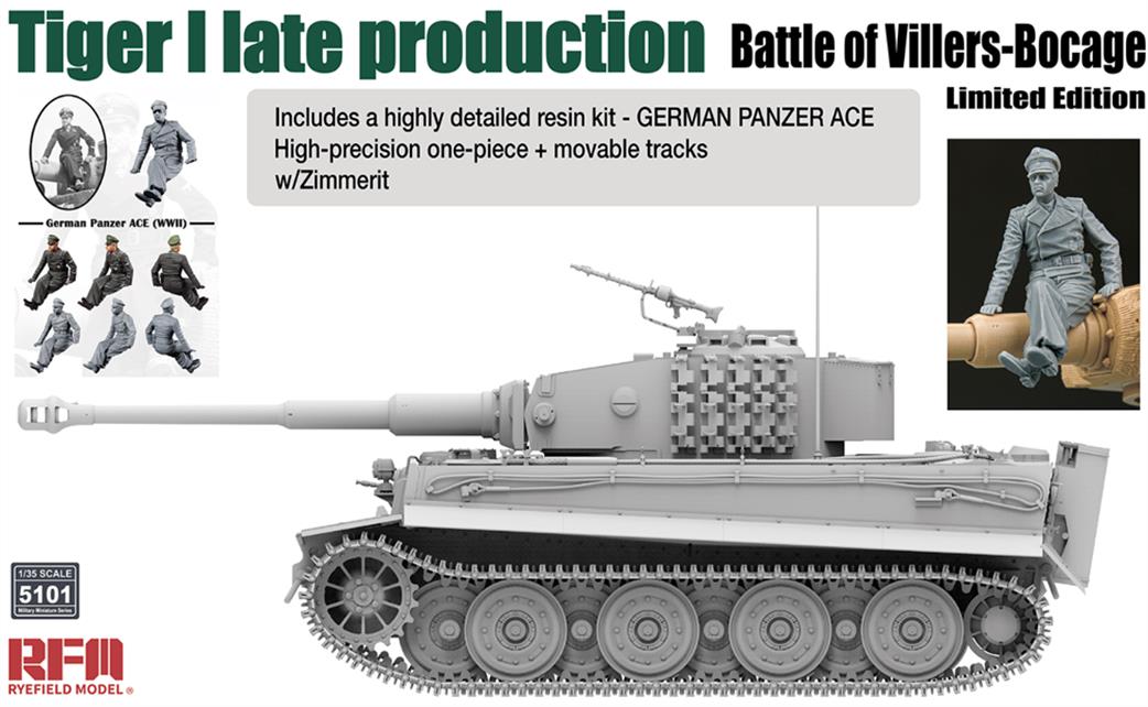 Rye Field Model 1/35 5101 Tiger I late production Battle of Villers-Bocage with Zimmerit, Includes a highly detailed resin kit of a GERMAN PANZER ACE