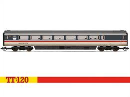 As BR began to move away from the corporate blue livery, some of the Mark 3 coaches and complimentary Class 43 units were painted into a new Intercity Executive livery. This livery consisted of a dark grey upper body, a stripe of white and red and a light beige sand colour on the bottom of the body. While this would be a popular and long lasting livery, the name Executive was dropped from the side of the units as the livery took over as the only one applied to Intercity sets.