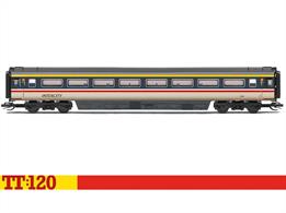 As BR began to move away from the corporate blue livery, some of the Mark 3 coaches and complimentary Class 43 units were painted into a new Intercity Executive livery. This livery consisted of a dark grey upper body, a stripe of white and red and a light beige sand colour on the bottom of the body. While this would be a popular and long lasting livery, the name Executive was dropped from the side of the units as the livery took over as the only one applied to Intercity sets.
