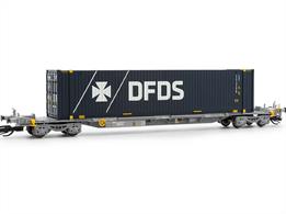 Sffgmss ISO container flat wagon decorated in Touax livery loaded with DFDS container.Designed to allow for loading to the UK these wagons carry the Channel Tunnel CT marks. This model features lots of expertly applied details as based on the prototype, a high level of body detail and excellent running characteristics.