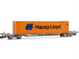 Sffgmss ISO container flat wagon decorated in Touax livery loaded with Hapag-Lloyd container.Designed to allow for loading to the UK these wagons carry the Channel Tunnel CT marks. This model features lots of expertly applied details as based on the prototype, a high level of body detail and excellent running characteristics.