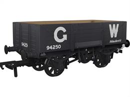 Detailed model of the GWR diagram O18 open merchandise wagons introduced in 1902 with higher 5 plank sides than used previously, cross-cornered DCIII spring applied hand brakes, self-contained buffers and 'sack truck' door. When new many were equipped with sheet supporting rails to keep tarpaulin covers from sagging, but these were removed from wagons as they were put into the 'common user' wagon pool. These wagons set the basic open wagon design used by the GWR until nationalisation and many survived as internal users into the 1970s, resulting in several examples being preserved.This model is finished as GWR wagon number 34004 in GWR dark grey livery with pre-grouping 25in height lettering. This wagon was photographed by the GWR company photographer to record the latest new design of wagon.