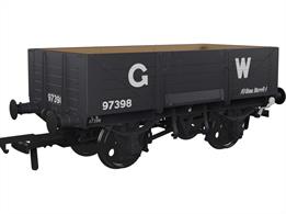 Detailed model of the GWR diagram O18 open merchandise wagons introduced in 1902 with higher 5 plank sides than used previously, cross-cornered DCIII spring applied hand brakes, self-contained buffers and 'sack truck' door. When new many were equipped with sheet supporting rails to keep tarpaulin covers from sagging, but these were removed from wagons as they were put into the 'common user' wagon pool. These wagons set the basic open wagon design used by the GWR until nationalisation and many survived as internal users into the 1970s, resulting in several examples being preserved.This model is finished as GWR wagon number 97398 in GWR dark grey livery with post-grouping 16in height lettering. Wagon preserved on the Severn Valley Railway.