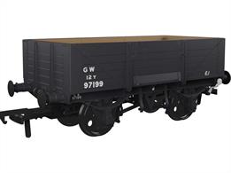 Detailed model of the GWR diagram O18 open merchandise wagons introduced in 1902 with higher 5 plank sides than used previously, cross-cornered DCIII spring applied hand brakes, self-contained buffers and 'sack truck' door. When new many were equipped with sheet supporting rails to keep tarpaulin covers from sagging, but these were removed from wagons as they were put into the 'common user' wagon pool. These wagons set the basic open wagon design used by the GWR until nationalisation and many survived as internal users into the 1970s, resulting in several examples being preserved.This model is finished as GWR wagon number 97199 in GWR dark grey livery with small size post-1936 lettering.