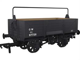 Detailed model of the GWR diagram O18 open merchandise wagons introduced in 1902 with higher 5 plank sides than used previously, cross-cornered DCIII spring applied hand brakes, self-contained buffers and 'sack truck' door. When new many were equipped with sheet supporting rails to keep tarpaulin covers from sagging, but these were removed from wagons as they were put into the 'common user' wagon pool. These wagons set the basic open wagon design used by the GWR until nationalisation and many survived as internal users into the 1970s, resulting in several examples being preserved.This model is finished as GWR wagon number 97728 in GWR dark grey livery with post-1936 small sized lettering.